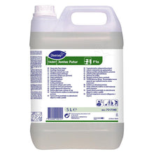 Egy 5 literes TASKI Jontec Futur univerzális alapvető tisztítószer minden lúgálló burkolathoz, Diversey Deutschland GmbH & Co. OHG-tól, fogantyúval és használati útmutatót valamint biztonsági szimbólumokat tartalmazó címkével.