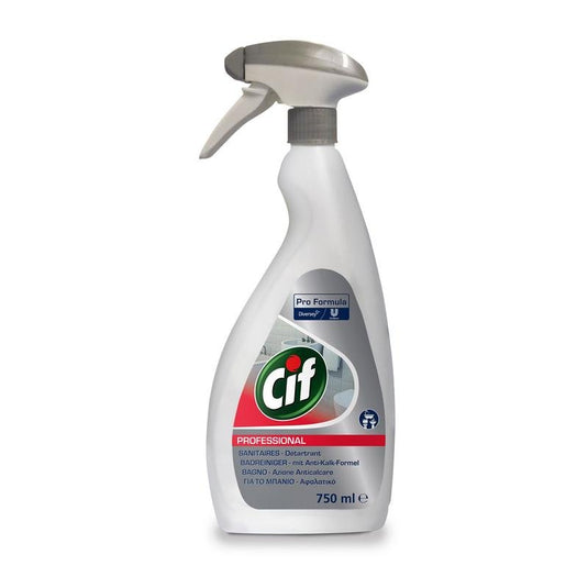 Egy 750 ml-es, fehér Cif Professional fürdőszoba-tisztító spray-palack a Diversey Deutschland GmbH & Co. OHG-tól, szürke fúvókával és címkével, 2 az 1-ben tisztító és vízkőeltávolító hatással a hatékony vízkő- és fürdőszoba-tisztítás érdekében.