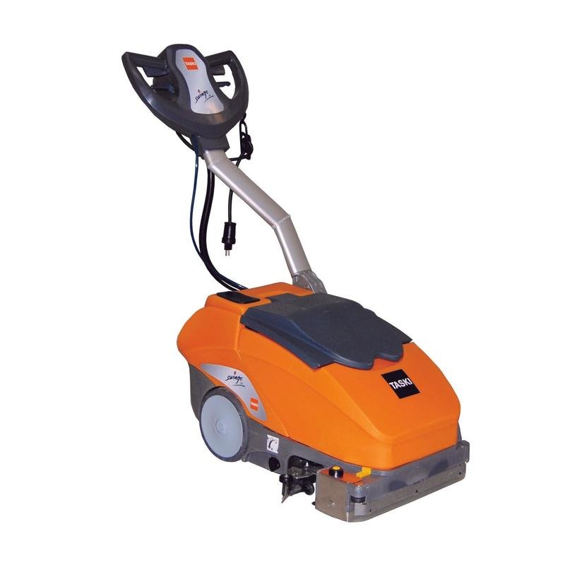A TASKI swingo 350 E a Diversey-től egy kis, hálózatról működő súroló-szívógép kis és zsúfolt területekre, nagy fogantyúval, két kerékkel, látható hálózati kábellel, feliratozott kezelőpanellel és elülső kefével.