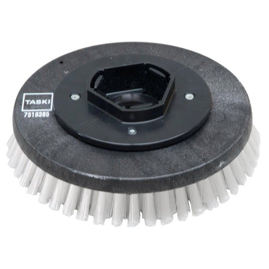 A Diversey Deutschland GmbH & Co. OHG gyártmányú, kerek, fekete műanyag nylon súrolókefe (28 cm), merev fehér sörtékkel, a swingo 955/1255/2100/5000 modellekhez alkalmas, alapos tisztításhoz – standard súrolókefe, 1 darab csomagban.