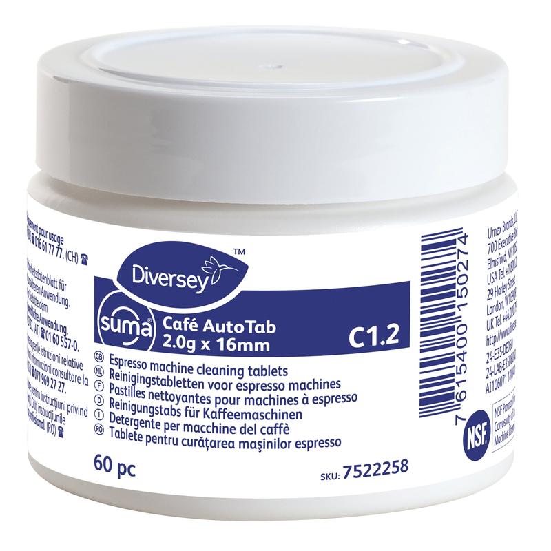 Egy fehér műanyag tartály a Diversey Deutschland GmbH & Co. OHG-tól "Suma Cafè AutoTab tisztítótáblák eszpresszógépekhez 60 db" felirattal, 60 tablettát tartalmaz a kávézsírok/olajok eltávolítására és a gép élettartamának meghosszabbítására, többnyelvű adatokkal egy kék-fehér címkén.