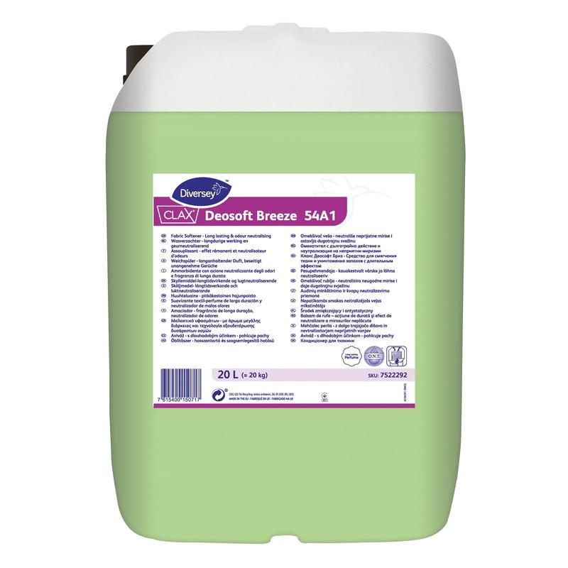 Ein 20-Liter-Gebinde Clax Deosoft Breeze Weichspüler mit Odour Neutralizing von Diversey Deutschland GmbH & Co. OHG, ein grüner Flüssigweichspüler mit mehrsprachiger Anleitung, sorgt für nachhaltige Frische und Weichheit Ihrer Textilien.