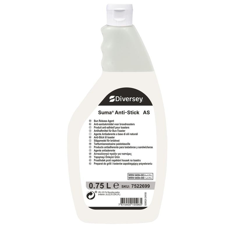 Egy 750 ml-es Suma Anti-Stick AS tapadásgátló üveg a Diversey Deutschland GmbH & Co. OHG-tól, fehér címkével, ergonomikus fogantyúval és többnyelvű használati útmutatóval - tökéletes a konyhai kenyérpirítók professzionális tisztításához.