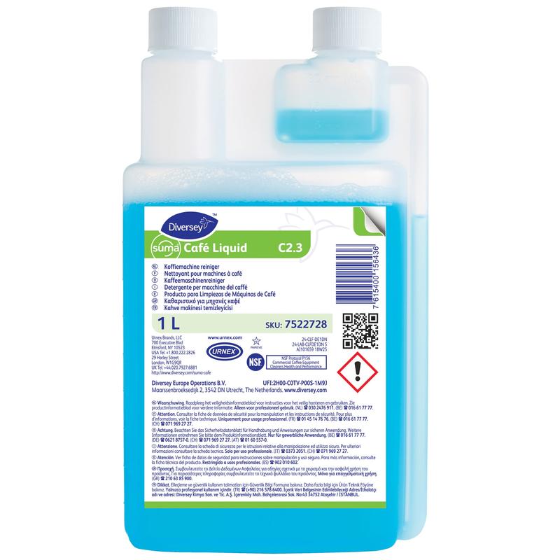 Diversey Suma Café Liquid C2.3, kávéfőzőtisztító | Palack (1 l), hatékonyan tisztítja a kávézsírt a kávéfőzőkben. Adagoló sapkával, figyelmeztetésekkel és vonalkóddal a címkén. A Diversey Deutschland GmbH & Co. OHG-tól.