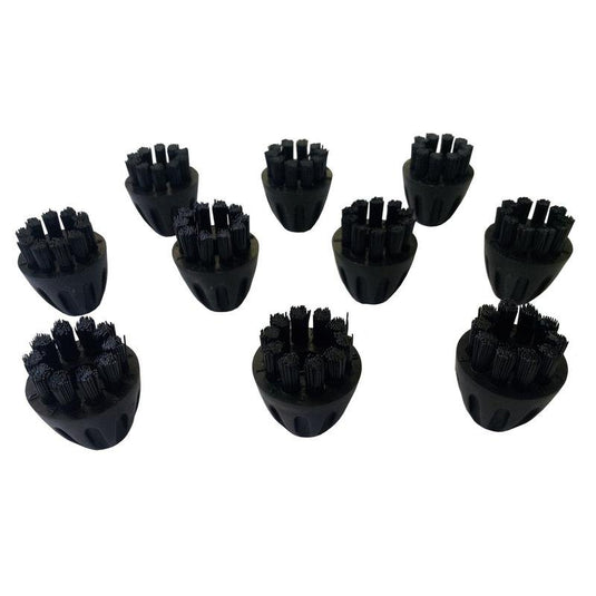 Tíz azonos, fekete nylon kefe a Diversey Deutschland GmbH & Co. OHG gyártmányú TASKI Steamerhez (10 darabos csomag) fehér alapon szétszórva látható; rövid, merev sörtéik csomókban helyezkednek el, ami javítja a tisztítóhatást.