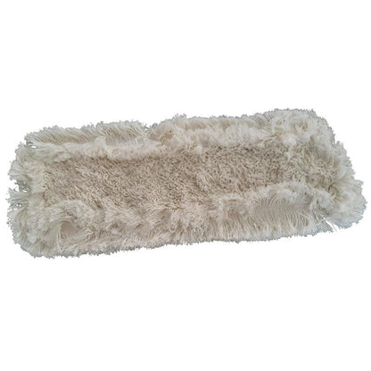 A TASKI Multi Mop Cut Fringe a Diversey Deutschland GmbH & Co. OHG-tól egy téglalap alakú, fehér mopfej, amelynek rojtjai vannak a széleken és texturált mikroszálas közepe van, fehér háttéren ábrázolva.