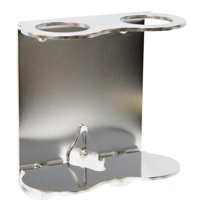 Die LAPE Wandhalterung von Diversey Deutschland GmbH & Co. OHG ist eine Wandhalterung aus Edelstahl mit zwei kreisrunden oberen Öffnungen und einer gebogenen unteren Ablagefläche, ideal für die sichere Befestigung von zylindrischen Gegenständen oder Behältern.