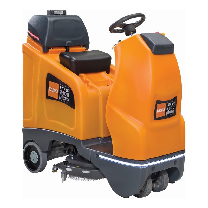 A TASKI swingo 2100µicro Li-Ion a Diversey Deutschland-tól egy kompakt felülős súroló-szívógép 150Ah Li-Ion akkumulátorral és külső töltővel, ideális nagy belső padlók hatékony tisztítására. Tartalmaz ülést, kormánykereket, keféket és kezelőpanelt.