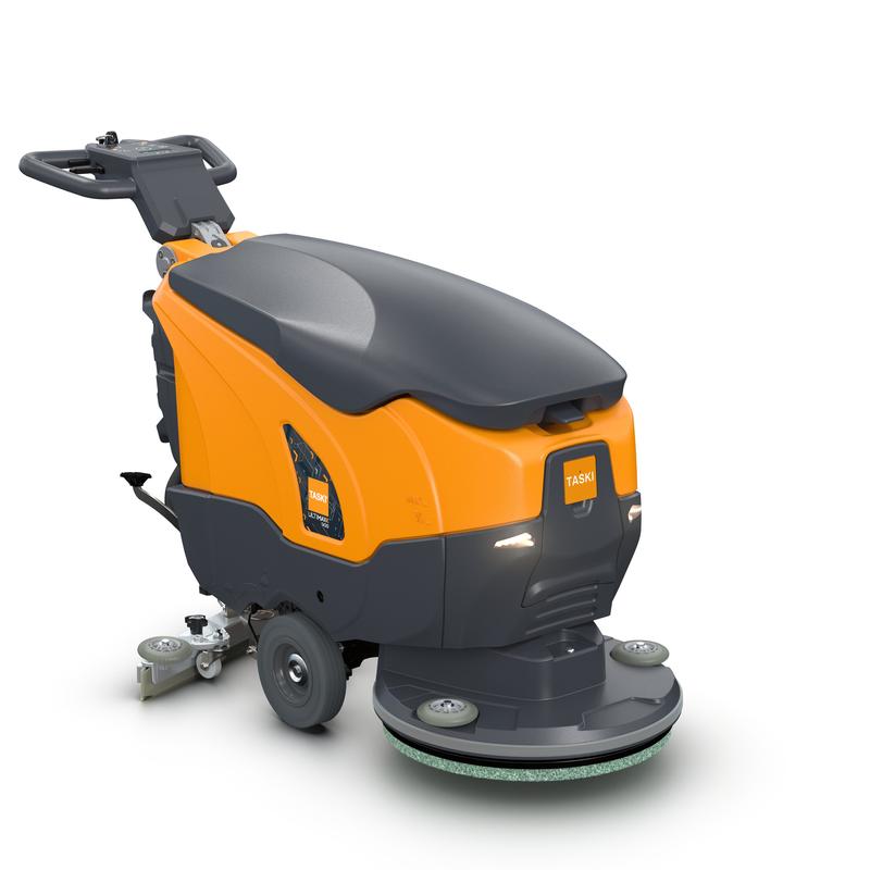 A TASKI ULTIMAXX 900 SD50 P BMS 13A a Diversey Deutschland GmbH & Co. OHG-tól egy új típusú, hajtás nélküli súroló- és szívógép, amely 20L-es tartállyal és 50cm-es egytárcsával rendelkezik, narancssárga és szürke színben, kerekekkel és vezérlőkarral fehér háttér előtt ábrázolva.
