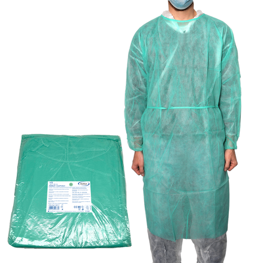 MaiMed-Coat Protect, gyapjúból készült védőruha, zöld, nem steril, elasztikus mandzsetta, hossza 120cm, 10 db | Csomag (10 db)
