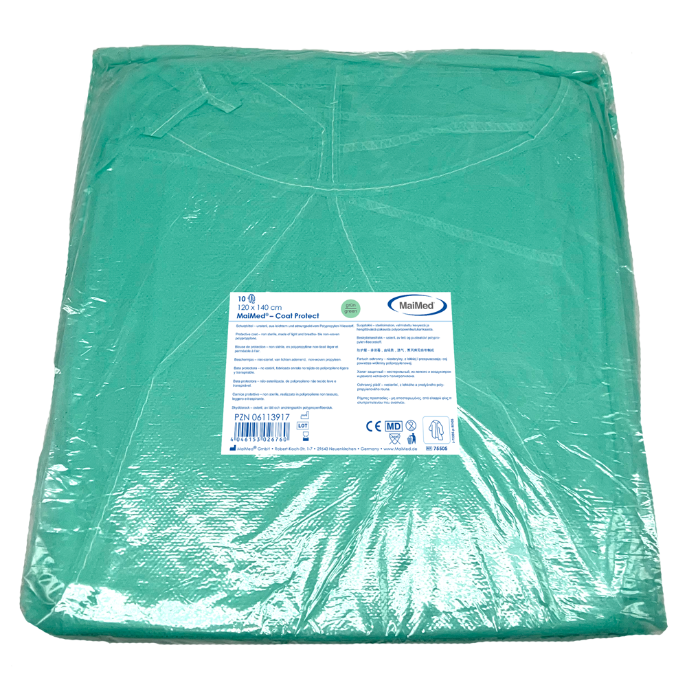 MaiMed-Coat Protect, gyapjúból készült védőruha, zöld, nem steril, elasztikus mandzsetta, hossza 120cm, 10 db | Csomag (10 db)