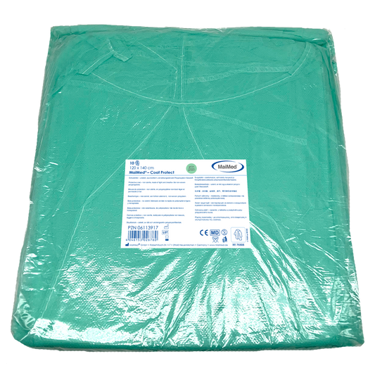 MaiMed-Coat Protect, gyapjúból készült védőruha, zöld, nem steril, elasztikus mandzsetta, hossza 120cm, 10 db | Csomag (10 db)