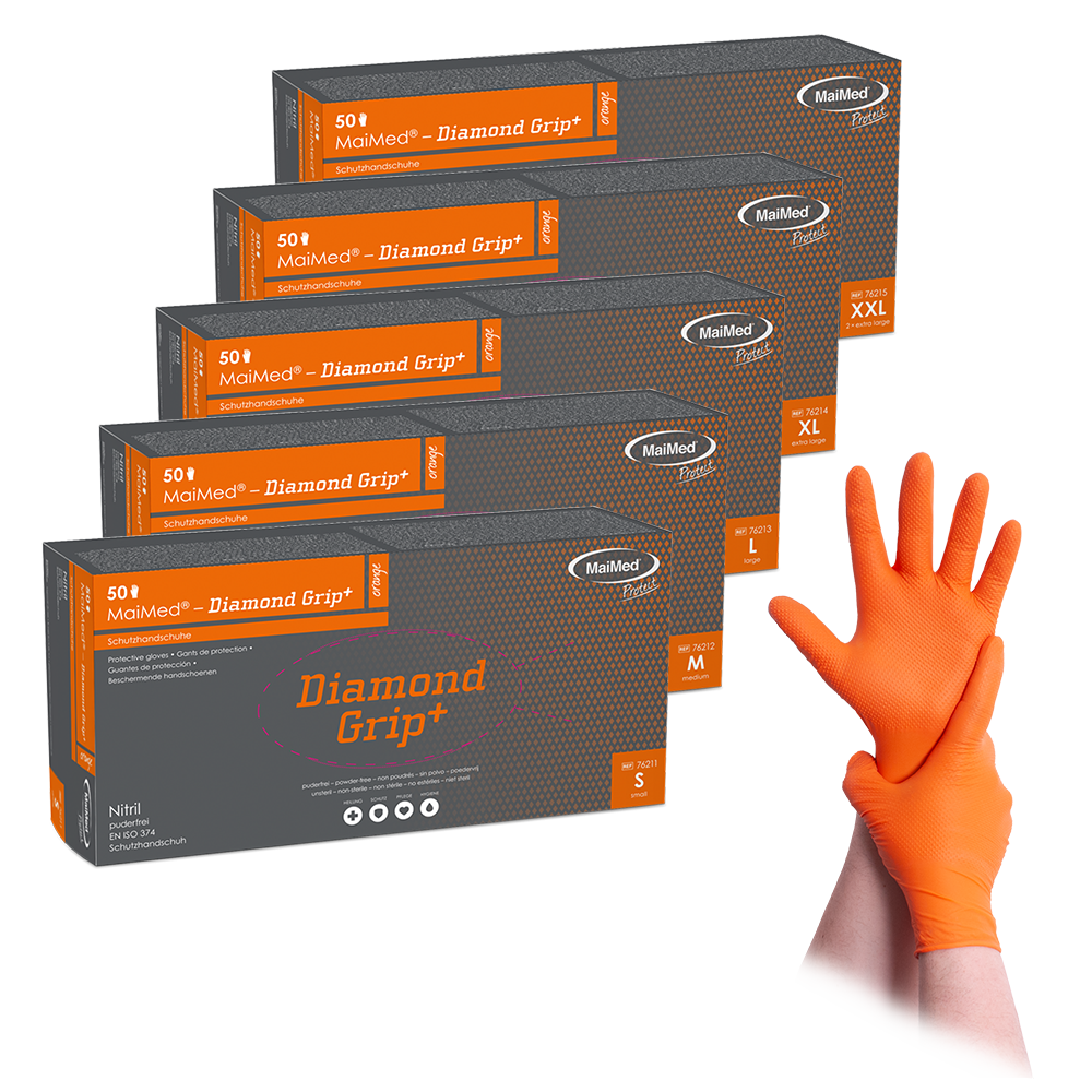MaiMed-Diamond Grip+ narancssárga, nem steril, pf latexmentes nitril kesztyű