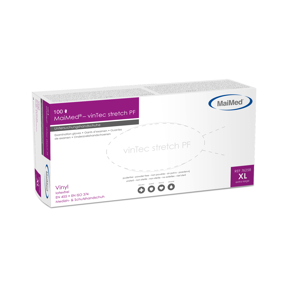 MaiMed-vinTec Stretch PF, nem steril, púderes vinil vizsgálókesztyű 100 db/doboz