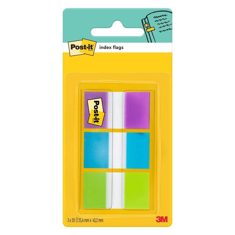 Egy csomag 3M Post-it® Index jelölőcímke, standard (25,4 mm x 43,2 mm), 60 jelölőcímke különböző színekben egy adagolóban. Ideális dokumentumok rendezéséhez; a csomagoláson Post-it® és 3M Deutschland GmbH márkajelzéssel.