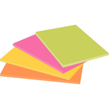 Egy négy egymást átfedő Post-it® Super Sticky Notes halom narancssárga, sárga, rózsaszín és világoszöld színekben a 3M Deutschland GmbH-tól (nagyméretű, 45 lap/tömb, 100% PEFC) alacsony szögből nézve.