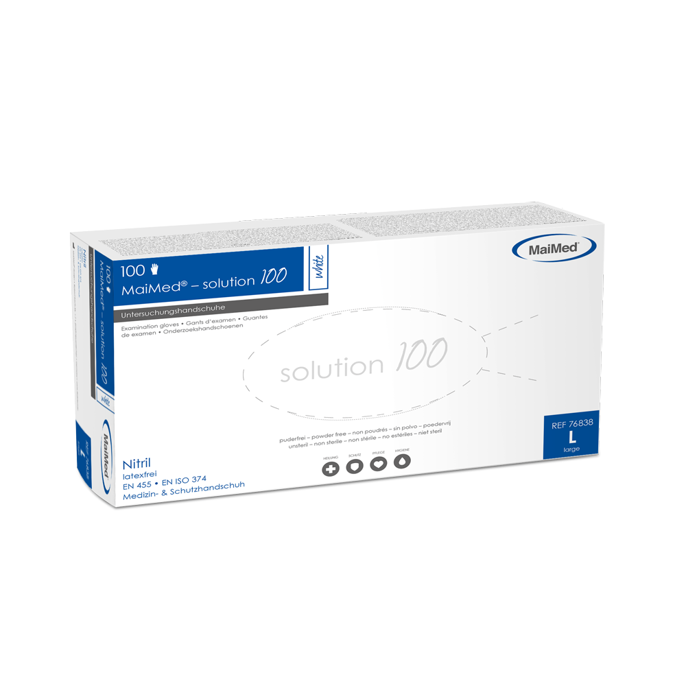 MaiMed-solution 100 fehér, nem steril, pf latexmentes kesztyű, fehér, 100 db/doboz
