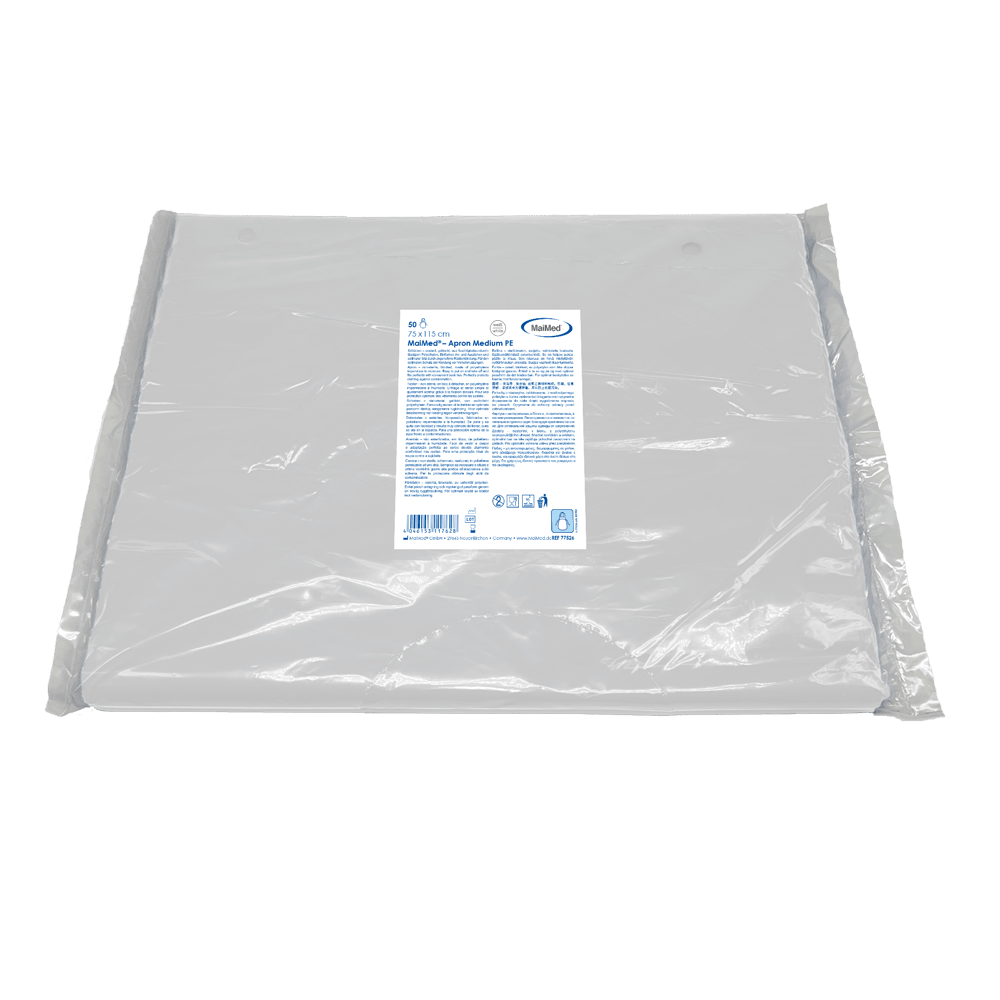 MaiMed-Apron Medium PE, kötény PE-ből 75x115cm fehér, 50 db/csomag, blokkolt, sima felületű | Csomag (50 db)