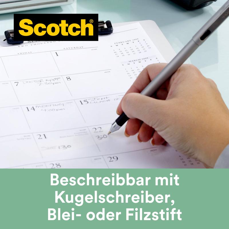 Egy kéz ír egy tollal egy asztali naptárra. Egy írótáblán található a 3M Deutschland GmbH Scotch® Magic™ ragasztószalag logója (66% növényi alapú ragasztó, 19 mm x 33 m, 9 tekercs/csomag). A német szöveg így szól: "Írható golyóstollal, ceruzával vagy filctollal.