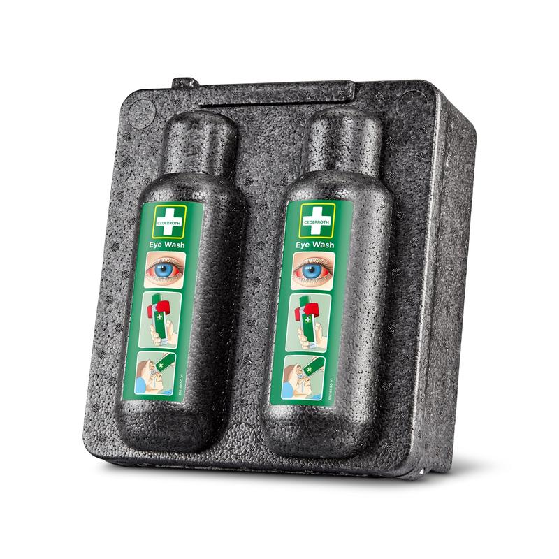 Az Orkla Wound Care AB szemöblítő melegszekrény 500x2 (1 csomag) két szemöblítő palackot tartalmaz zöld piktogram-címkékkel, és biztonságos tárolást és gyors hozzáférést biztosít elsősegélynyújtáshoz szem sérülések esetén vészhelyzetekben.