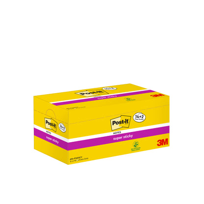 Eine gelbe Schachtel mit 3M Post-it® Super Sticky Notes (76x76 mm, 90 Blatt/Block), Werbepackung mit 14 Blöcken + 2 gratis, aus 100% PEFC-zertifiziertem Papier, von 3M Deutschland GmbH, erscheint auf weißem Hintergrund.