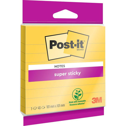 Egy csomag nagy méretű Post-it® Super Sticky Notes, vonalas, sárga, 101 x 101 mm, 45 lap/blokk, 1 blokk/csomag a 3M Deutschland GmbH-tól; extra erős ragasztóerővel és 100% PEFC tanúsítvánnyal (SGSCH-PEFC-COC-110078).
