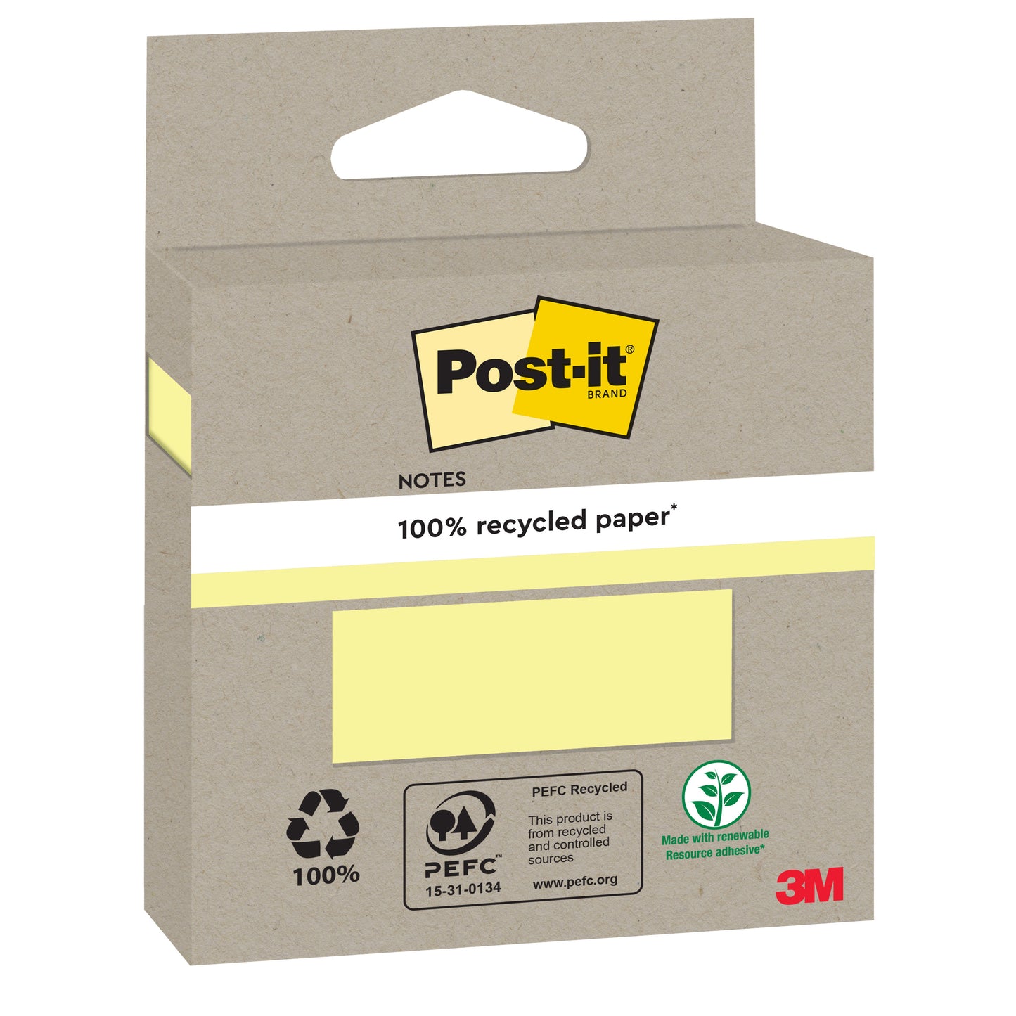 Egy csomag Post-it® újrahasznosított jegyzet (76x76 mm, 100 lap, 100% PEFC) a 3M Deutschland GmbH-tól környezetbarát logókkal és sárga Post-it® logóval egy barna kartondobozon, akasztófüllel.