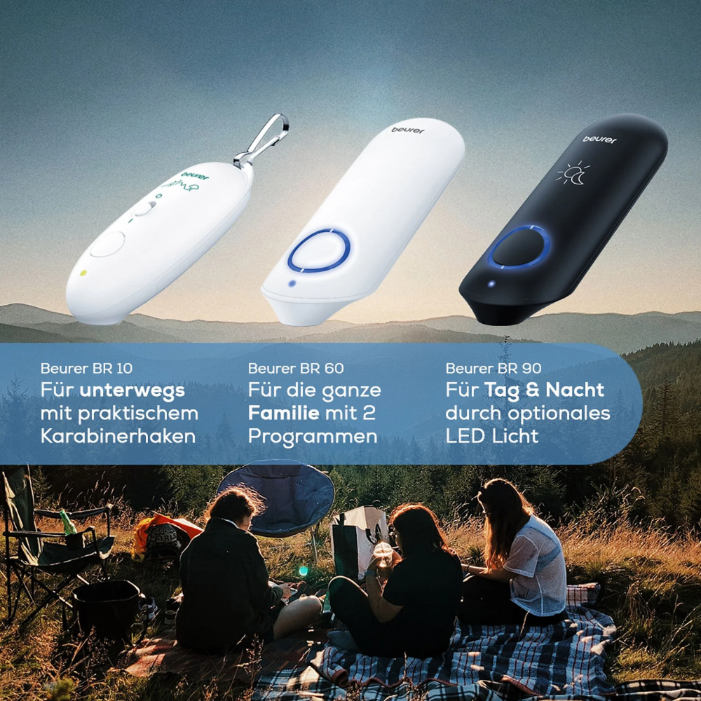 A Beurer GmbH BR 60 Insektenstichheiler egy kempingszín felett jelenik meg karabinerrel, két programmal és opcionális LED világítással - ideális a rovarcsípések kezelésére a szabadban.