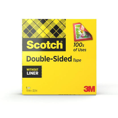 A sárga doboz Scotch® kétoldalas ragasztószalag, 1 tekercs, 19 mm x 33 m a 3M Deutschland GmbH-tól kockás mintával, "100s of Uses" felirattal és egy bélyegképpel van ellátva. Ideális kézműves igényekhez, a szalag hordozó nélküli.