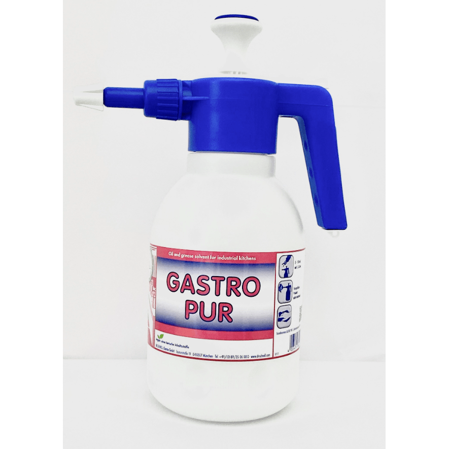 Egy fehér DR.SCHNELL GmbH & Co. KGaA nyomáspermetező (1,5 L, üres adagolási segédeszközök) "GASTRO PUR" felirattal, kék fogantyúval és fúvókával, olaj- és zsír eltávolítására nagy konyhákban, világos útmutatóval és praktikus adagolási segédeszközzel.