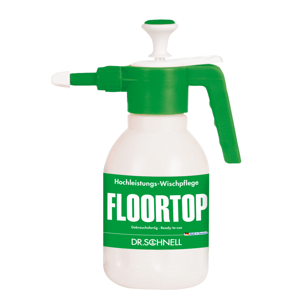 Egy fehér műanyag permetezőflakon Dr. Schnell 1,5 literes nyomáspermetező a DR.SCHNELL GmbH & Co. KGaA-tól, zöld pumpával és fúvókával, nagy betűkkel "FLOORTOP" felirattal és "DR. SCHNELL" német betűtípussal az alján.