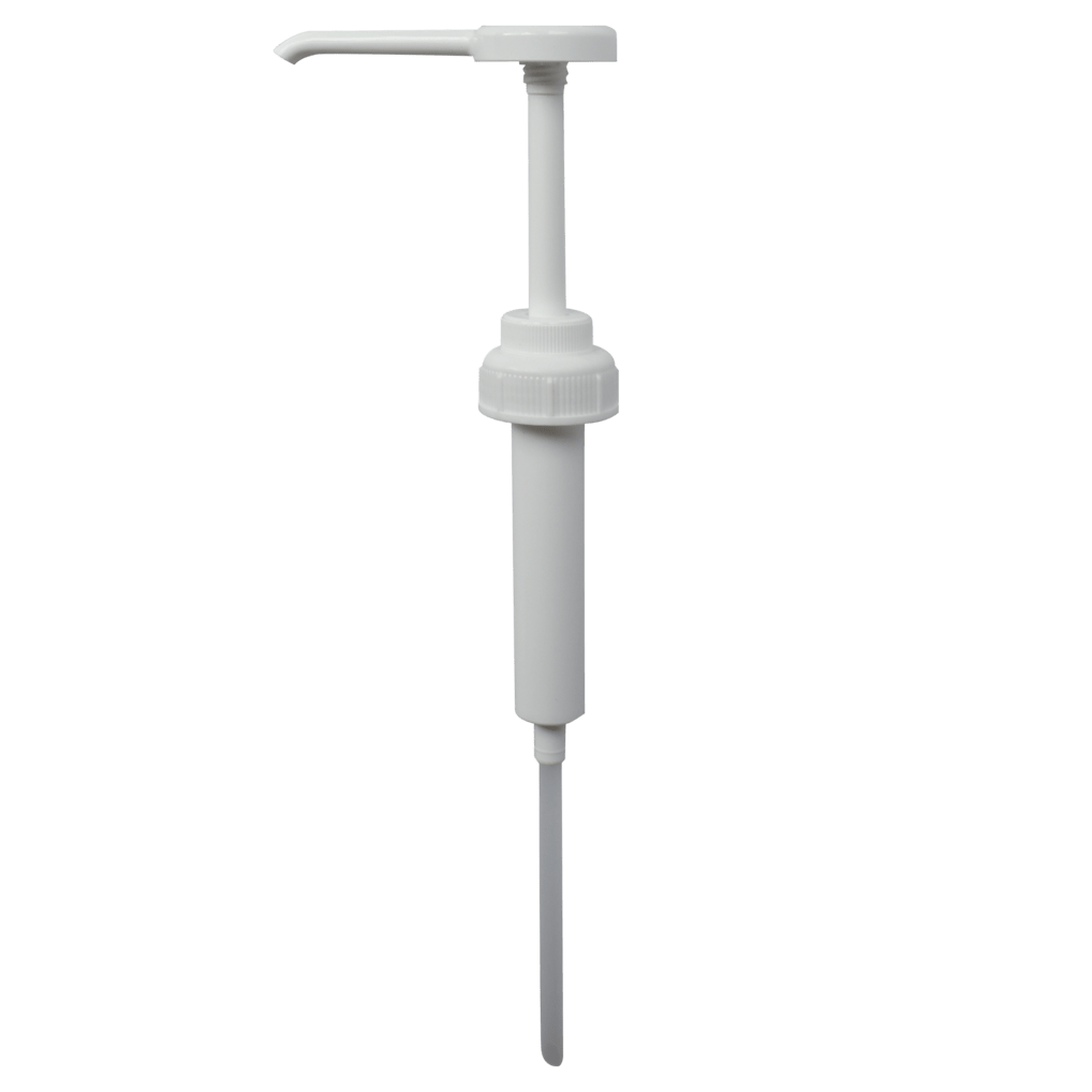 A DR.SCHNELL GmbH & Co. KGaA Dr. Schnell adagolója egy fehér műanyag pumpa hosszú kifolyóval és merülőcsővel, folyadékok, például szappan vagy szirup adagolására. Ideális tisztítószerek adagolására. Egyszerű, világos háttér.