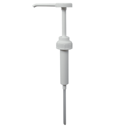 A DR.SCHNELL GmbH & Co. KGaA Dr. Schnell adagolója egy fehér műanyag pumpa hosszú kifolyóval és merülőcsővel, folyadékok, például szappan vagy szirup adagolására. Ideális tisztítószerek adagolására. Egyszerű, világos háttér.