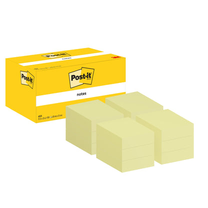 Eine gelbe Post-it® Notizzettelbox (38 x 51 mm, 100 Blatt/Block, 12 Blöcke/Packung) der 3M Deutschland GmbH ist neben sechs Stapeln hellgelber Notizzettel abgebildet - ideal für jeden Bürobedarf.