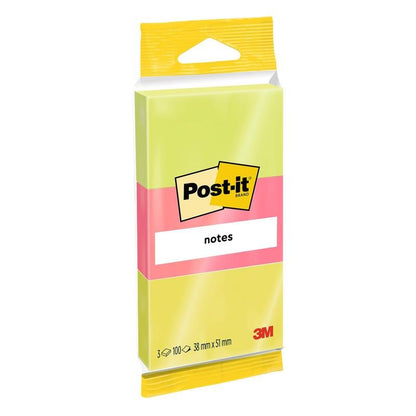 Egy csomag 3M Deutschland GmbH Post-it® jegyzetlap különböző neon színekben, 38 x 51 mm, 100 lap blokk, 3 blokk csomagonként, PEFC-tanúsítvánnyal (SGSCH-PEFC-COC-110078), ideális jegyzetekhez és emlékeztetőkhöz.
