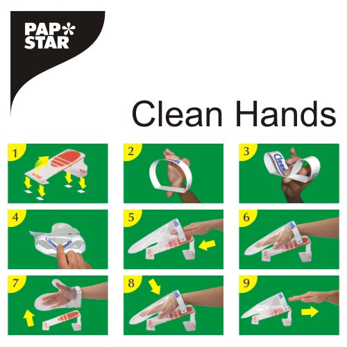 Egy vizuális útmutató a PAPSTAR Clean Hands Base Kit, rozsdamentes acél (11,5x12,7x22 cm), a PAPSTAR GmbH-tól kilenc számozott táblán, zöld háttérrel mutatja be a műanyag kesztyű higiénikus felvételének és rögzítésének lépéseit.