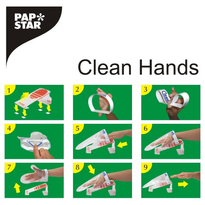 Egy vizuális útmutató a PAPSTAR Clean Hands Base Kit, rozsdamentes acél (11,5x12,7x22 cm), a PAPSTAR GmbH-tól kilenc számozott táblán, zöld háttérrel mutatja be a műanyag kesztyű higiénikus felvételének és rögzítésének lépéseit.