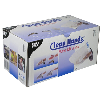 A PAPSTAR Clean Hands Base Kit, rozsdamentes acél (11,5x12,7x22 cm, ezüst) a PAPSTAR GmbH-tól egy fehér hajtogatott dobozban kék és lila akcentusokkal érkezik, és ábrázolja a kézvédelem higiénikus alkalmazását.