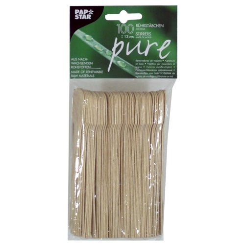 Egy csomag 100 PAPSTAR fa "pure" keverőpálcával (13 cm), környezetbarát és stabil, a PAPSTAR GmbH tasakjában - egymásra rakva és átlátszó fóliában zöld-fekete címkével csomagolva.