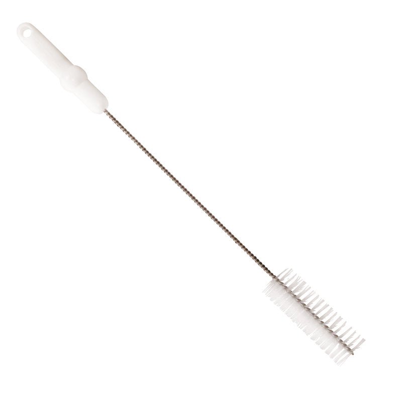 A Haug Bürsten A KG Haug csőkefe V2A rozsdamentes acélhuzallal, PBT középrésszel, 500 x ø40 mm-es, fehér színben, merev sörtékkel és hosszú rozsdamentes acél nyéllel rendelkezik, amely megkönnyíti a fogást – tökéletes a higiénikus csőtisztításhoz. Egyszerű fehér háttér.