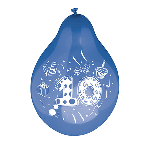 Ein Zahlenluftballons der PAPSTAR GmbH (Ø 25 cm, farbig sortiert) mit weißer „10“, Geschenkbox, Partyhut, Cupcake und Konfetti – ideal für die Feierlichkeiten zum 10. Geburtstag oder Jubiläum.