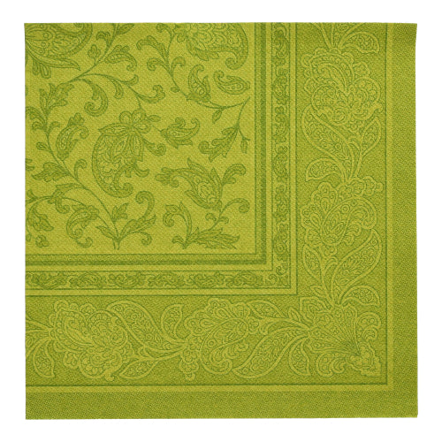 Zöld négyzet alakú szalvéta a PAPSTAR 20 szalvéta "ROYAL Collection" (40 x 40 cm, 1/4-hajtás) a PAPSTAR GmbH-tól elegáns paisley- és levélszegéllyel - ideális a stílusos asztaldekorációhoz.