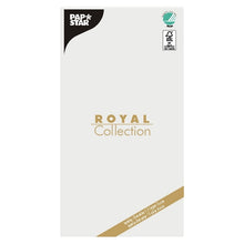 Eine Tissue-Tischdecke „ROYAL Collection“ (120 x 180 cm) der PAPSTAR GmbH mit weißem Hintergrund, goldenem Text und zwei Zertifizierungslogos in der oberen rechten Ecke – ideal, um Ihrer Tischdekoration Eleganz zu verleihen.