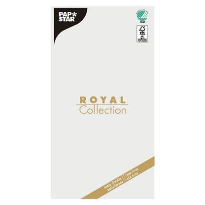 Egy „ROYAL Collection“ szalvéta asztalterítő (120 x 180 cm) a PAPSTAR GmbH-tól fehér háttérrel, arany szöveggel és két tanúsító logóval a jobb felső sarokban – ideális, hogy eleganciát kölcsönözzön az asztaldíszítésének.