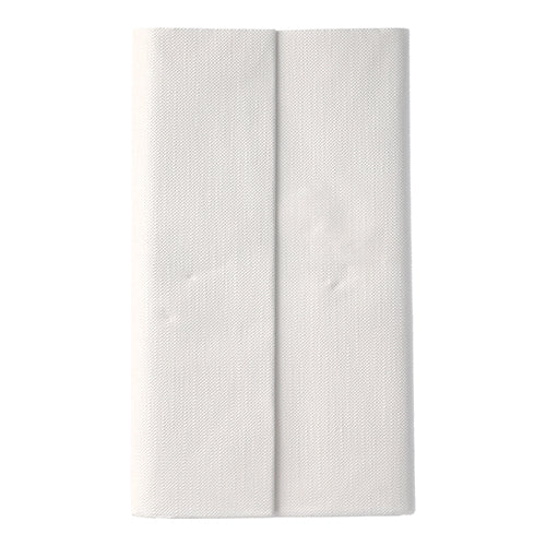 Egy fehér PAPSTAR asztalterítő a ROYAL Collection-ból (120 x 180 cm) a PAPSTAR GmbH-tól két sávban függőlegesen összehajtva van, és egy egyszerű fehér háttérre helyezve, kiemelve annak magas minőségű dizájnját.