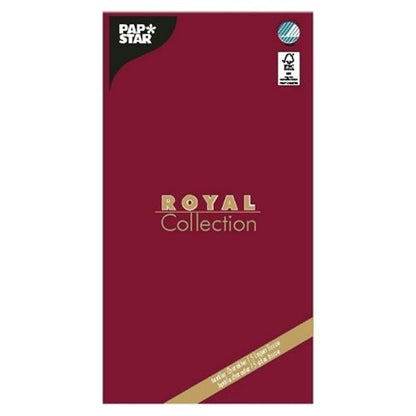 Egy gesztenyebarna téglalap alakú csomag a „PAPSTAR asztalterítő, ROYAL Collection szövet 120 cm x 180 cm” felirattal a PAPSTAR GmbH-tól, arany-fehér szöveggel, kék kerek címkével és fekete-fehér tanúsító logóval – ideális minden asztali dekorációhoz.