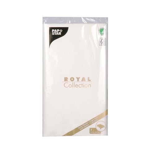 Egy lezárt asztalterítő a PAPSTAR GmbH-tól, „ROYAL Collection” szövet (120 cm x 180 cm), fekete és arany színben viseli a ROYAL Collection nevét és termékinformációit – tökéletesen kombinálható megfelelő minőségi szalvétákkal.