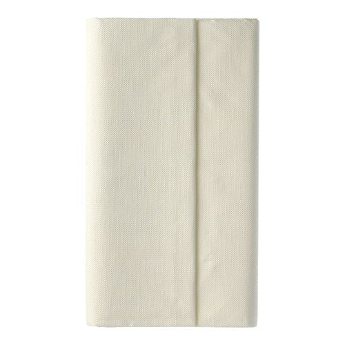 Egy szépen összehajtogatott, krémszínű PAPSTAR asztalterítő a ROYAL-kollekcióból (120 cm x 180 cm, PAPSTAR GmbH) egyszerű fehér háttér előtt.