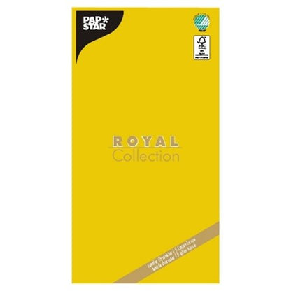 Egy sárga, négyzet alakú csomagolás a PAPSTAR GmbH-tól a „ROYAL Collection“ felirattal tanúsítási logókat és termékadatokat tartalmaz – ideális a magas minőségű asztalterítő bemutatására, szalvéta „ROYAL Collection“ 120 cm x 180 cm.