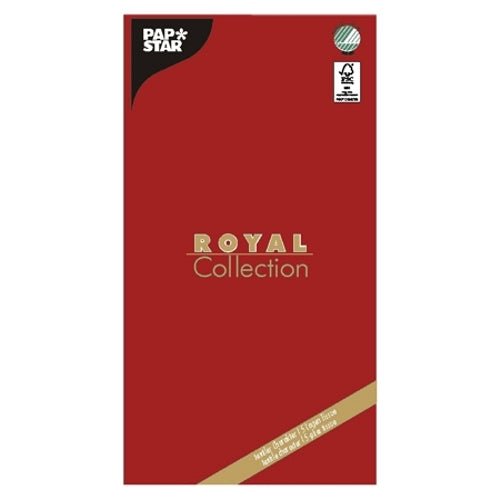 Egy piros, négyzet alakú csomagolás a „PAPSTAR GmbH“ és „ROYAL Collection“ felirattal tartalmaz egy magas minőségű asztalterítőt, 120 x 180 cm, alul szöveggel és a jobb felső sarokban egy ellenőrzési jellel.